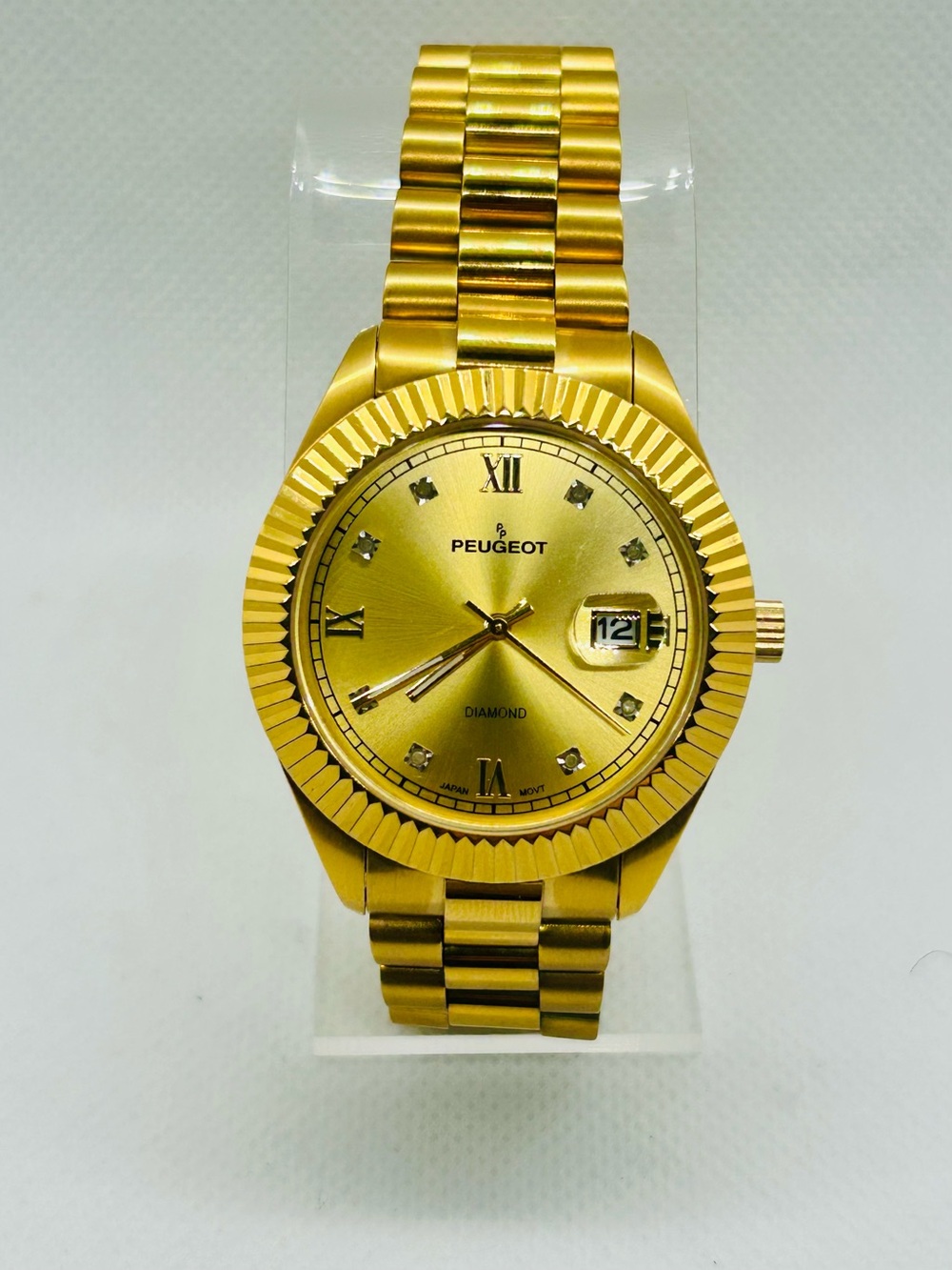 NEW Peugeot Gold Tone Diamond Dial Watch w/ Oyster Bracelet